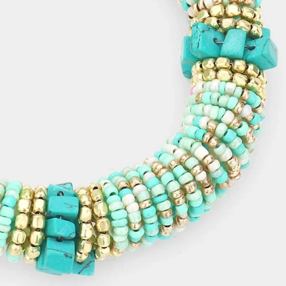 Natural Stone Blue Seed Beaded Stretch Bracelet - Picture 2 of 5